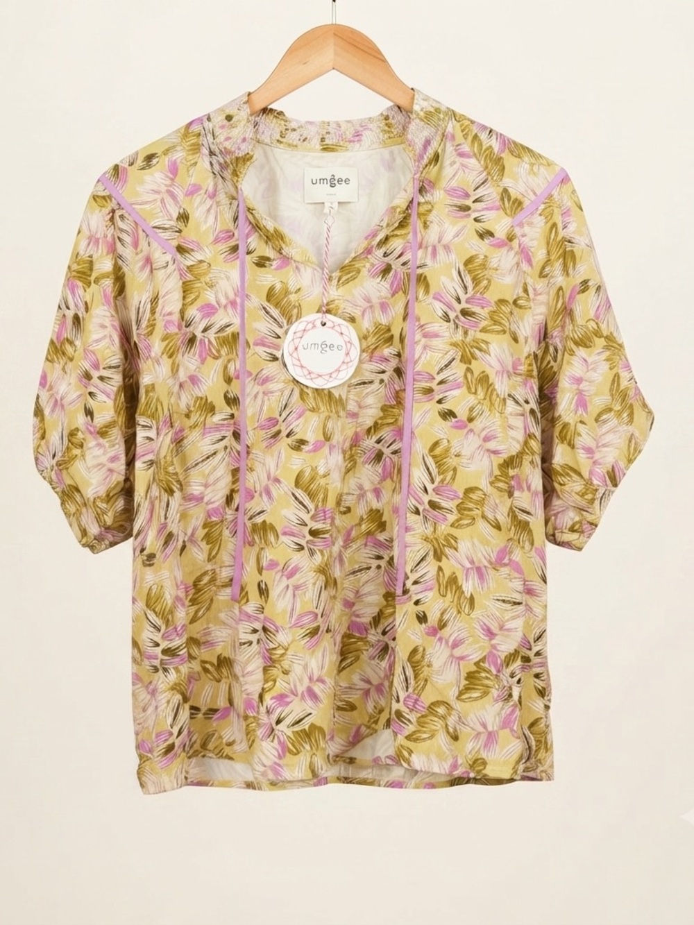 Umgee Olive and Pink Floral Tie-Front Blouse